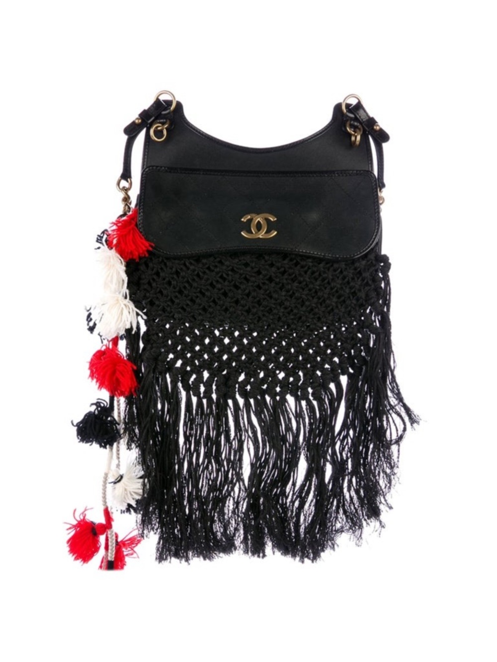 CHANEL Black Macramé Fringe Shoulder Bag with Red & White Tassel Trim